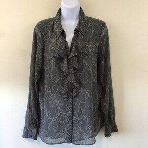 Calvin Klein Gray Print Ruffle Neck Button Down Long Sleeve Blouse Shirt